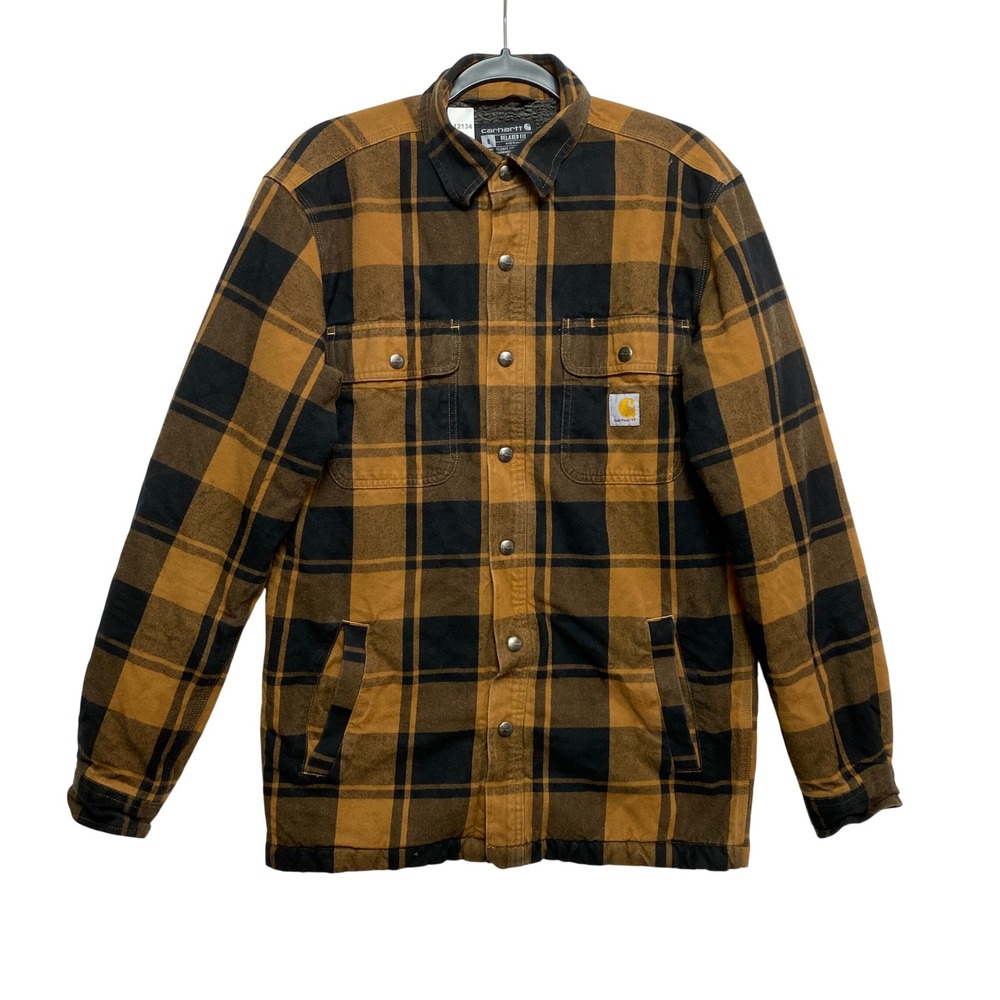 Carhartt Shirt Jacket Mens Small Brown Plaid TJ4452-M Sherpa Lined Relaxed Fit